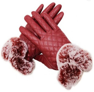 Fur Cuff Leather Fashion Gloves Customized PU Touch Screen Plain Style