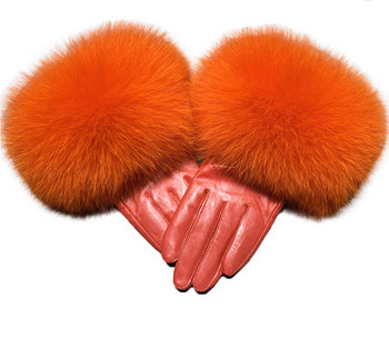 Windproof Women Mittens Gloves Genuine Sheep Skin Leather Outdoor Driving Fox Fur